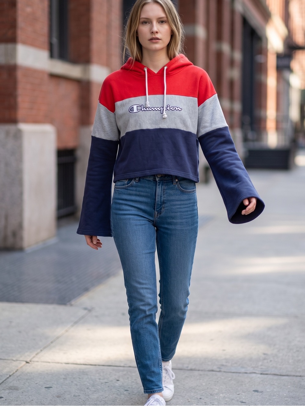 New Champion Women’s Red Gray & Navy Colorblock Hoodie Small